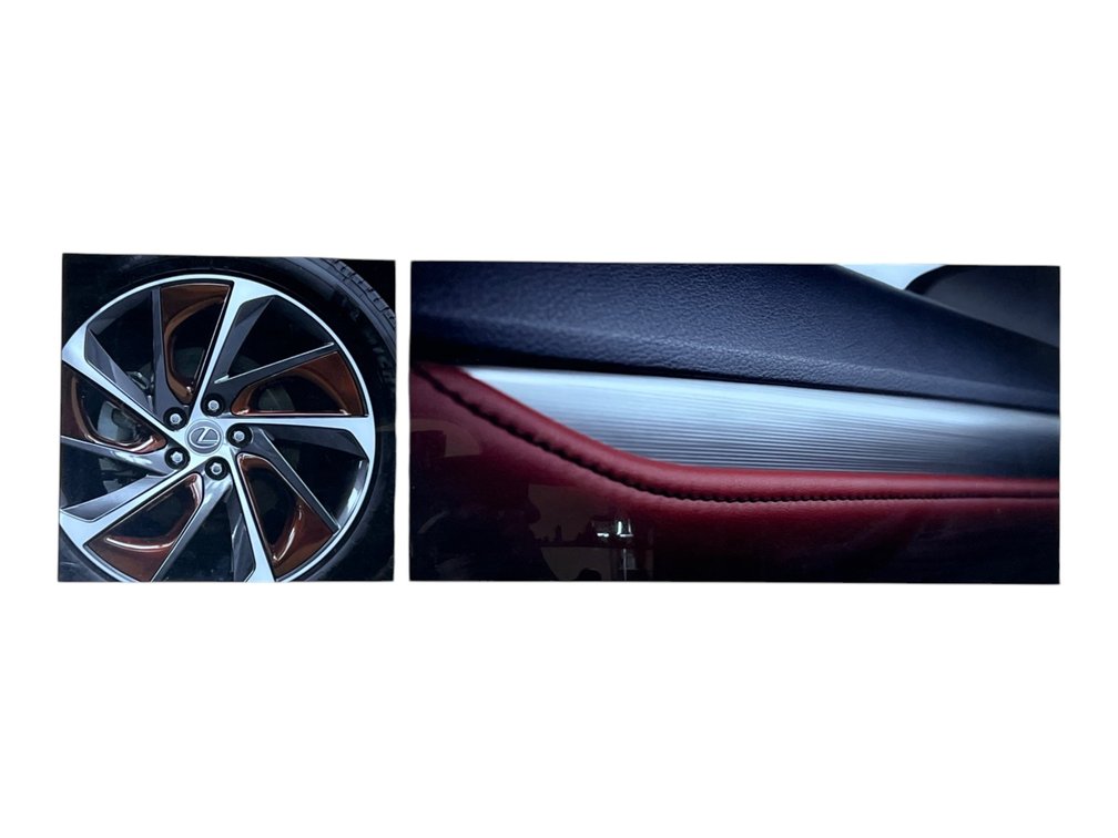 Lexus in Detail, Sleek Alloy Wheel and Red Leather Interior, Multi-Panel Automotive Photography on Plexiglass, 48 x 16"
