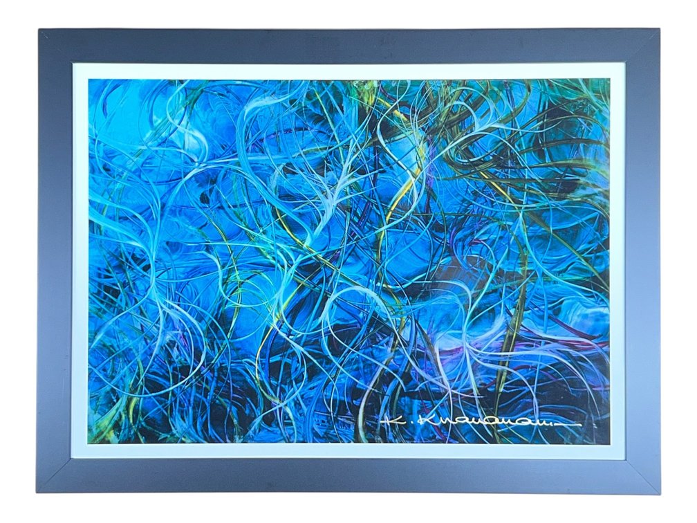$2,500 Cascading Blue Reeds and Water in Cobalt and Emerald, Signed Giclée on Paper by Kamran Khavarani, "Abstract Series" with Certificate of Authenticity, Custom Framed, 36 x 27"