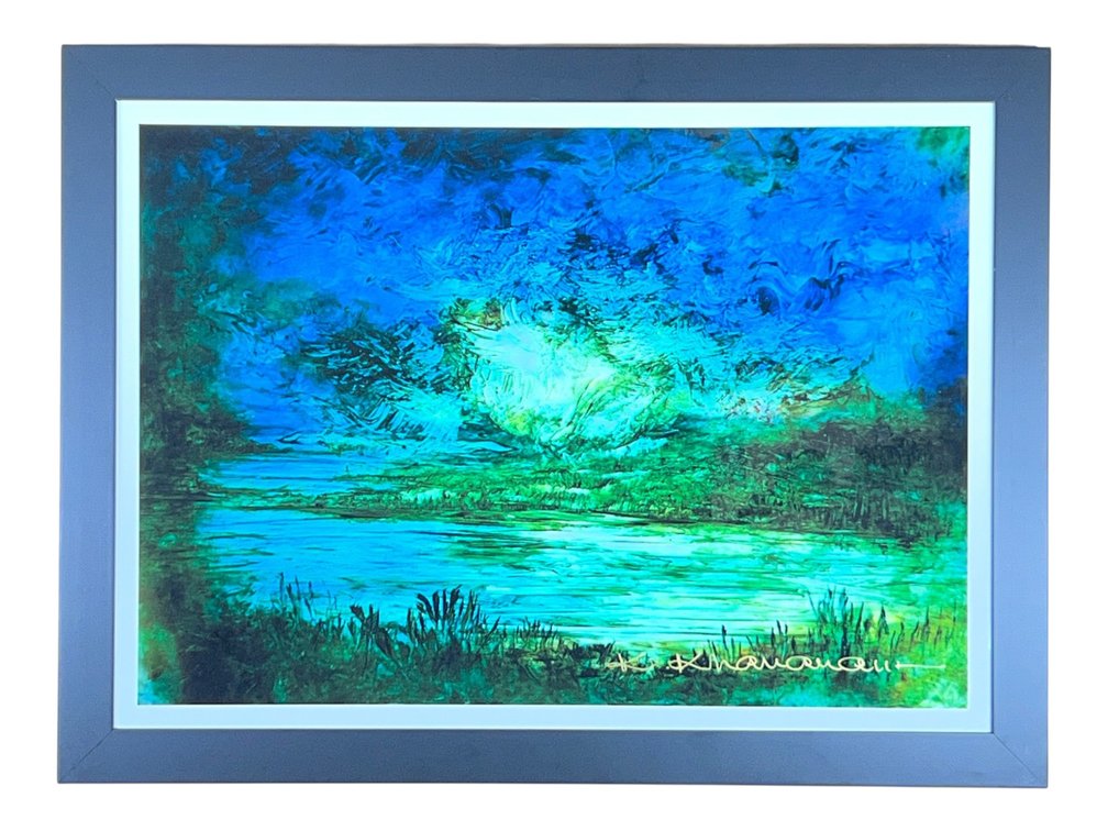 $2,500 Atmospheric Marsh Landscape in Turquoise, Emerald and Blue, Signed Giclée on Paper by Kamran Khavarani, "Abstract Series" with Certificate of Authenticity, Custom Framed, 35 x 27"