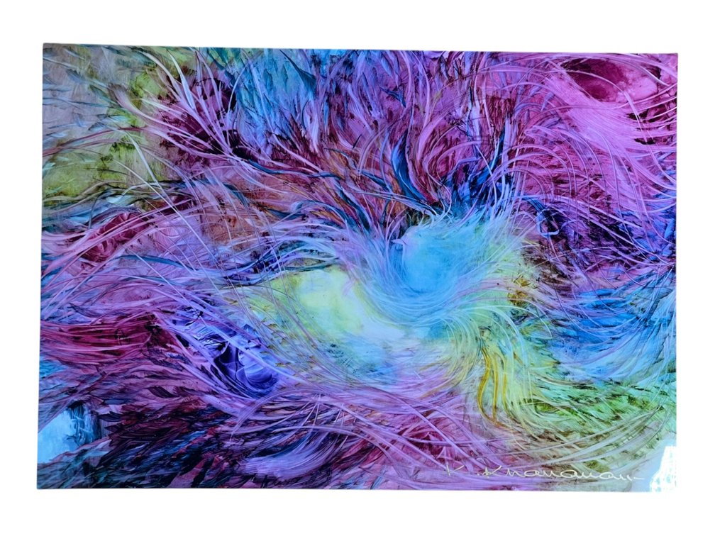Swirling Abstract in Magenta, Violet and Blue with Soft Pastel Light, Signed Giclée by Kamran Khavarani, Abstract Romanticism, 30 x 21"