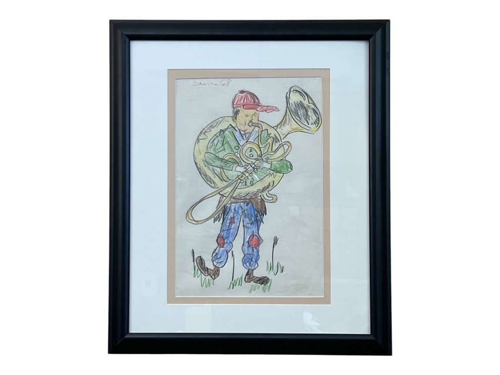 $2,500 Original Gouache Painting of Whimsical Musician, Hand Signed by Adolf Banca, Framed, 22” x 25”