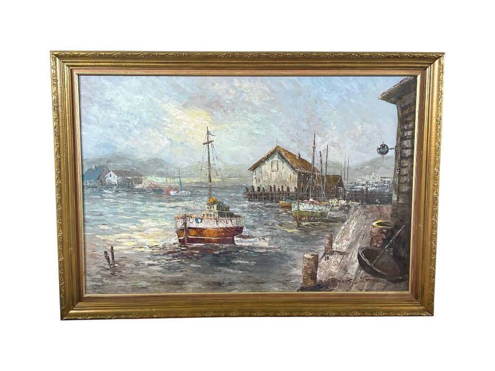 S. Davison, Impasto Harbor Scene with Fishing Vessels, Signed Oil on Canvas/Board, in Gilt Frame, 40"H