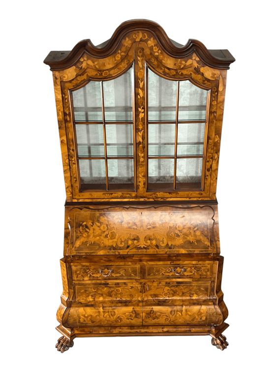 $27,000 Magnificent Italian Marquetry Bombé Secretary Bookcase, Gallery Collection, A Matching Masterpiece of Inlaid Artistry
