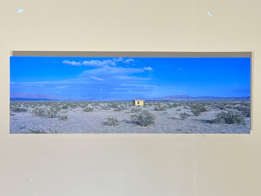 Contemporary Panoramic Photograph, Desert Landscape with Lone Cabin Under a Wide Blue Sky, Plexiglass Mounted, 36 x 12"