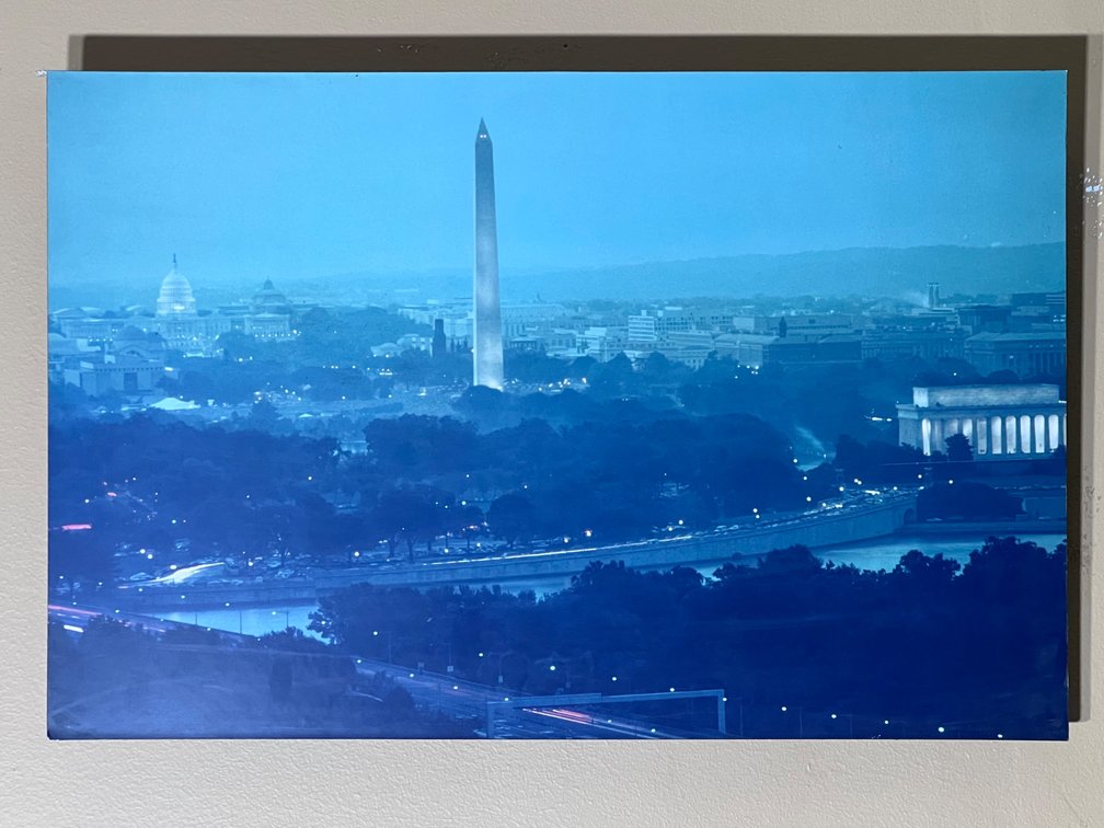 Mounted Photograph of the Washington DC Skyline at Twilight, Capitol, Washington Monument and Lincoln Memorial in Blue, 23 x 15"