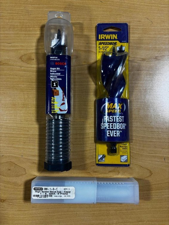 Lot of 3 Bosch Auger Bit, Irwin Speedbor 1 1/2" Drill Bit & Champion Hand Tap