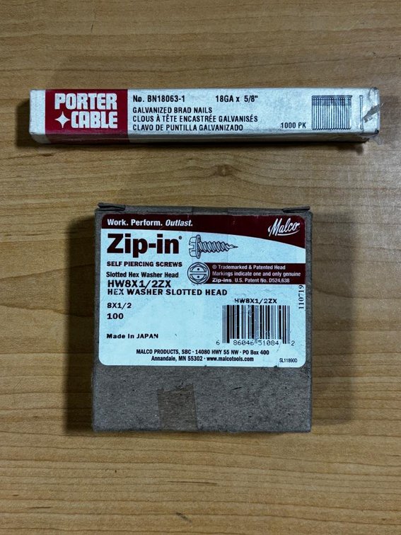 Lot of 2 Porter Cable 18 Ga 5/8" Brad Nails & Malco Self Piercing Screws