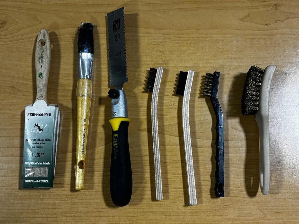 Lot of 7 Paint Brushes, Flush Cut Saw & Wire Brushes