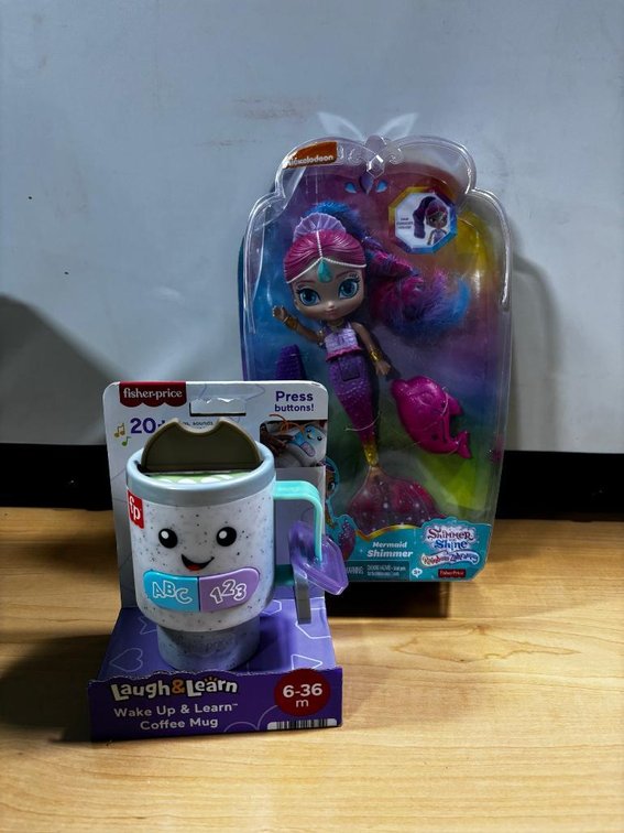 Lot of 2 Shimmer Shine Mermaid Doll & Fisher Price Coffee Mug Toy