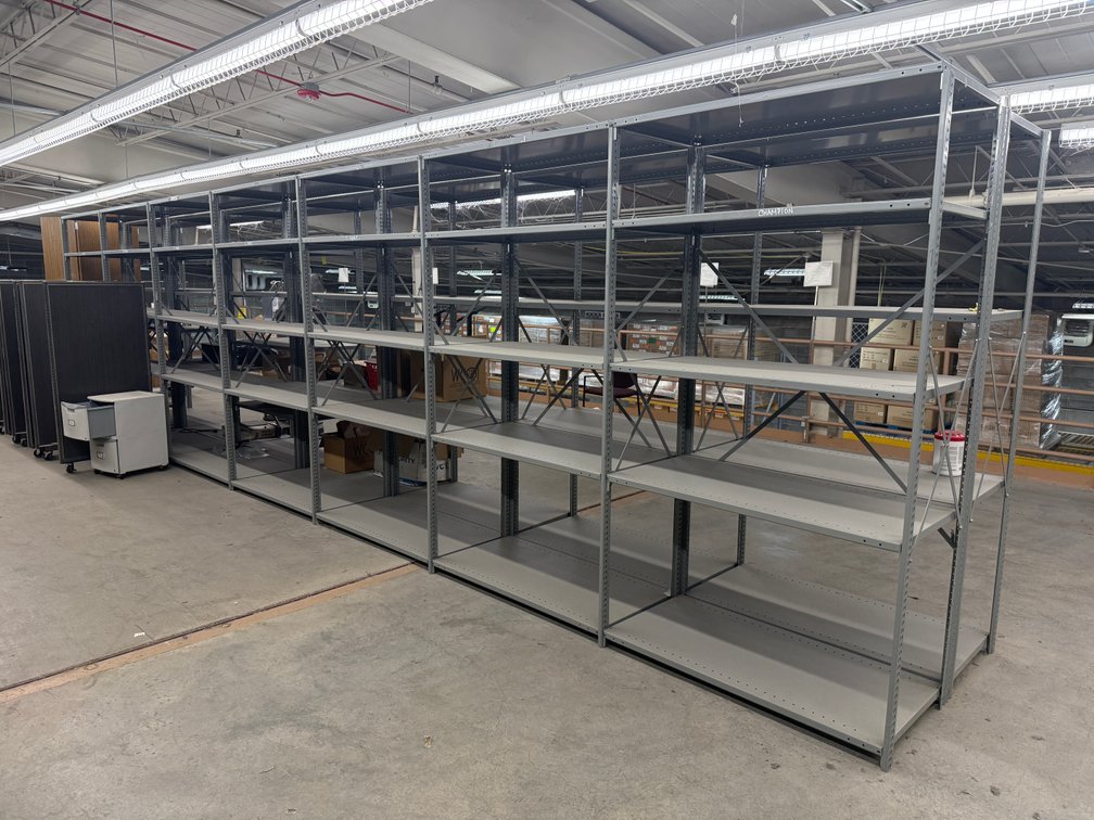 28 Sections of Steel Shelving, Each Unit is 87in High, 48in Wide, 24in Deep, ONE BID FOR ALL