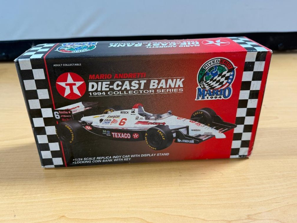 New, Texaco Mario Andretti Die-Cast Bank, 1994 Collector Series, 1/24 Scale, NOS, w/ Key, Orig. Box