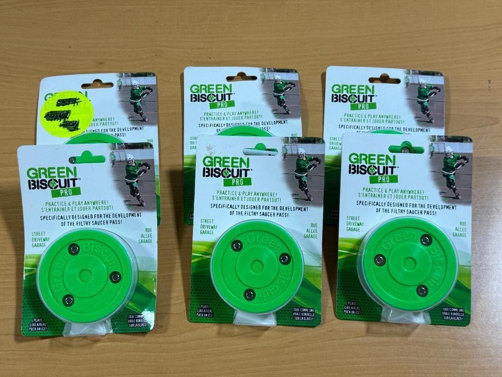 Six, New, Green Biscuit Pro Practice / Play Anywhere Hockey Pucks