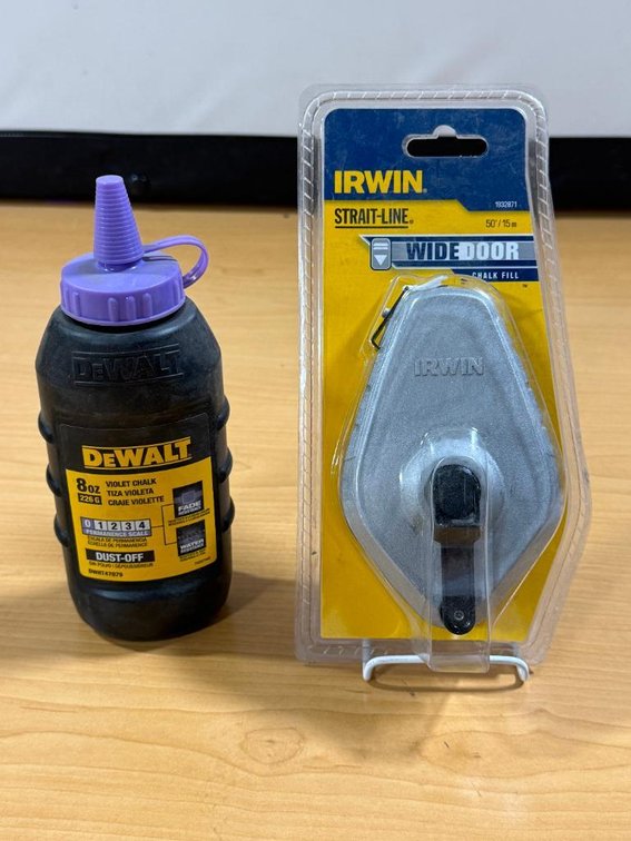 New, Irwin Strait-Line Wide Door Chalk Fill Chalk Line Reel w/ 8oz DeWalt Violet Chalk