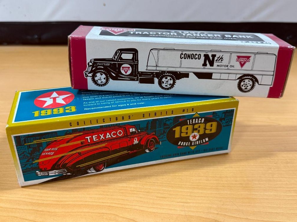 Lot of 2 New, Petroliana Die-Cast Antiqued Truck Banks, Conoco & Texaco, 1939 Dodge Airflow, 1937 Tractor/Tanker, ERTL