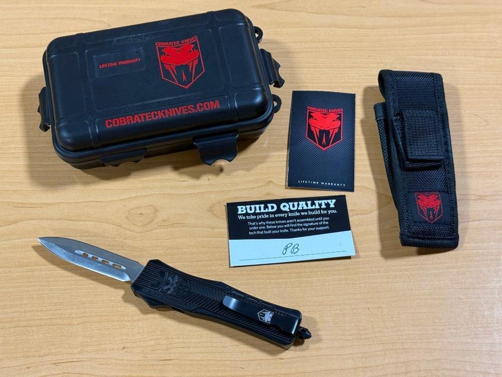 New, CobraTec Knives, OTF Medium CTK-1 Black, Dagger Not Serrated, Out the Front, MBCTK-1MDAGNS