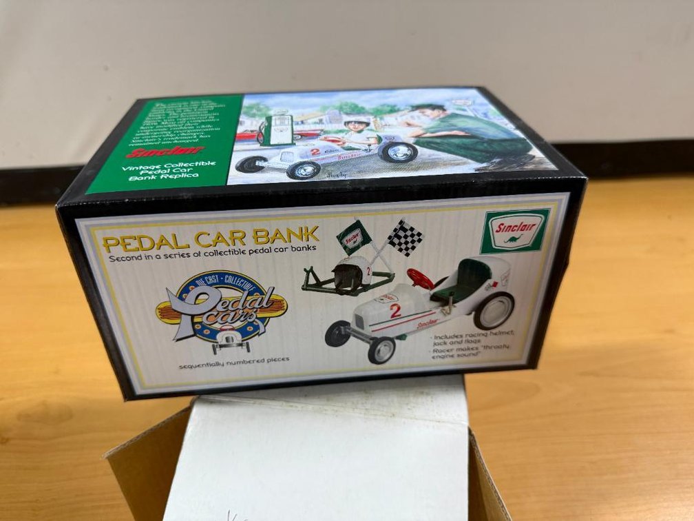 New, Sinclair Pedal Car Bank, Limited Edition, w/ Car, Helmet, Jack, Flags, Makes Sounds, 1947 BMC R-3 Racer