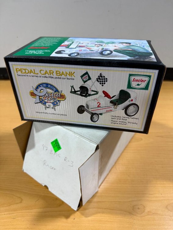 New, Sinclair Pedal Car Bank, Limited Edition, w/ Car, Helmet, Jack, Flags, Makes Sounds, 1947 BMC R-3 Racer