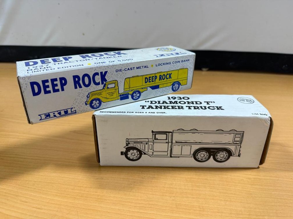 Lot of 2 New, Petroliana Die-Cast Antiqued Truck Banks, Deep Rock and Diamond T Tractor/Tanker Banks, 1930 7 1937