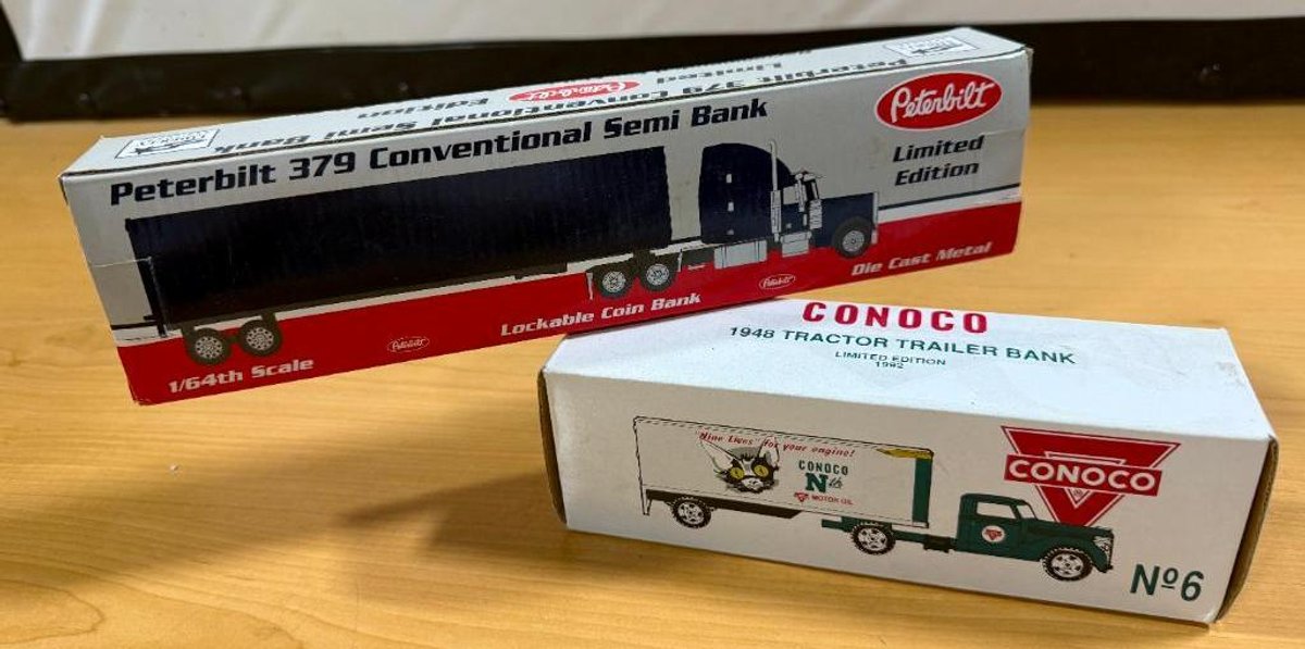 Lot of 2 New, Petroliana Die-Cast Antiqued Truck Banks, Peterbilt and Conoco Tractor/Trailer Trucks