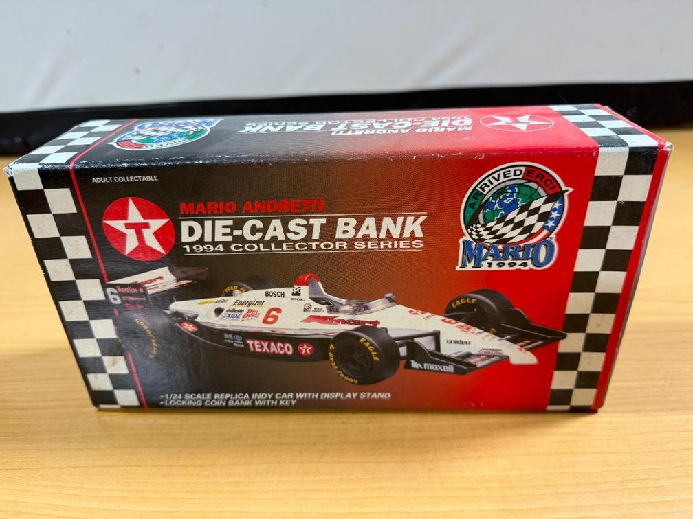 New, Texaco Mario Andretti Die-Cast Bank, 1994 Collector Series, 1/24 Scale, NOS, w/ Key, Orig. Box