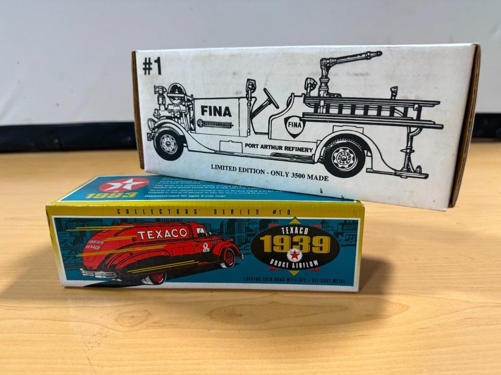 Lot of 2 New, Petroliana Die-Cast Antiqued Truck Banks, FINA Antique Port Arthur Refinery, 1939 Texaco Airline Tanker