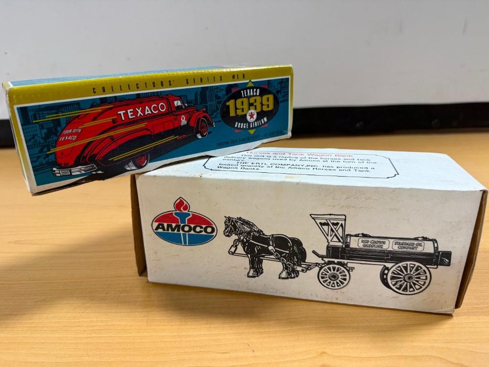 Lot of 2 New, Petroliana Die-Cast Antiqued Truck Banks, AMCO Horse Drawn Trailer, 1939 Texaco Airline Tanker