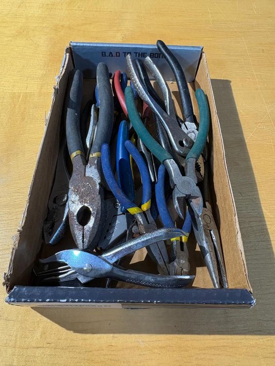 Box Full of Various Types of Pliers and Cutters