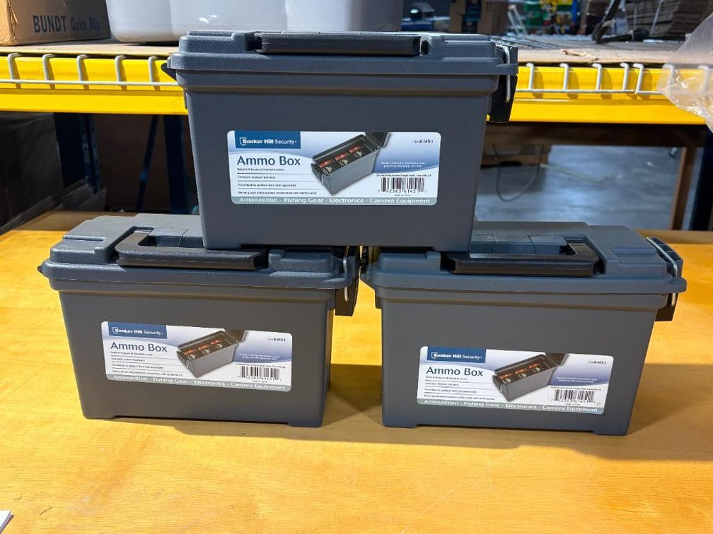 Lot of 3 New Bunker Hill Security Ammo Boxes, Holds 6-8 Boxes of Standard Ammo Ea.