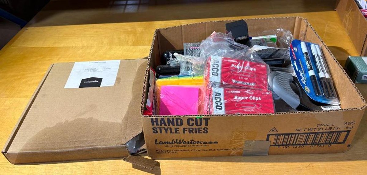 Box of Random Office Supplies, Amazon Brand Plastic Sheet Protectors, Paper Clips, Dry Erase Markers, Misc.
