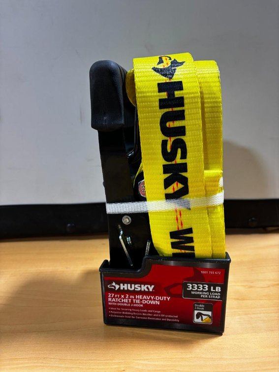 New, Husky 27ft Heavy-Duty Ratchet Tie-Down w/ Double J-Hook, 3,333lb Working Load Per Strap