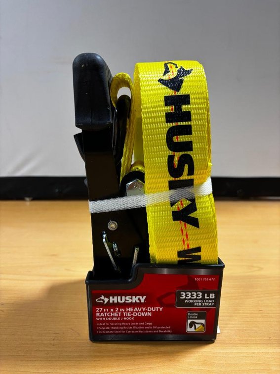 New, Husky 27ft Heavy-Duty Ratchet Tie-Down w/ Double J-Hook, 3,333lb Working Load Per Strap