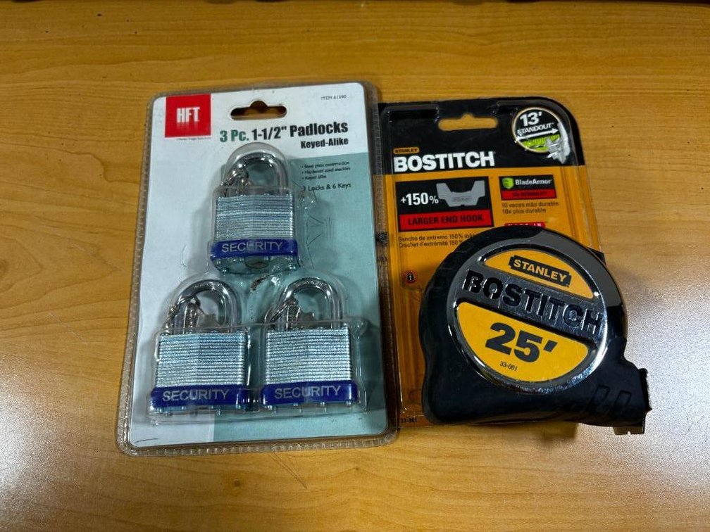 New, Bostich 25ft HD Tape Measure and HFT 3pc Padlock Set w/ Keys, 3 Locks, 6 Keys