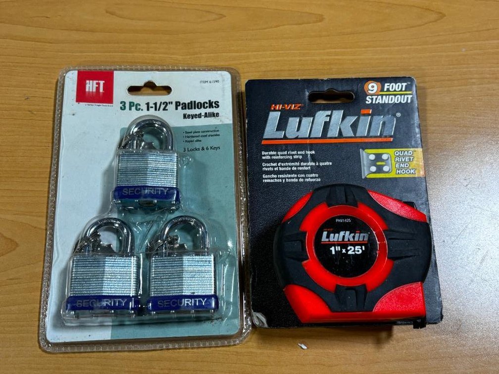 New, Lufkin 25ft HD Tape Measure and HFT 3pc Padlock Set w/ Keys, 3 Locks, 6 Keys