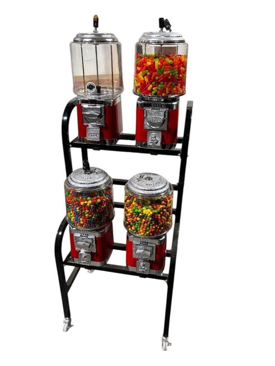 Rhino Vending 4-Head Coin-Operated Candy Vending Machine w/ Keys, Some Inventory