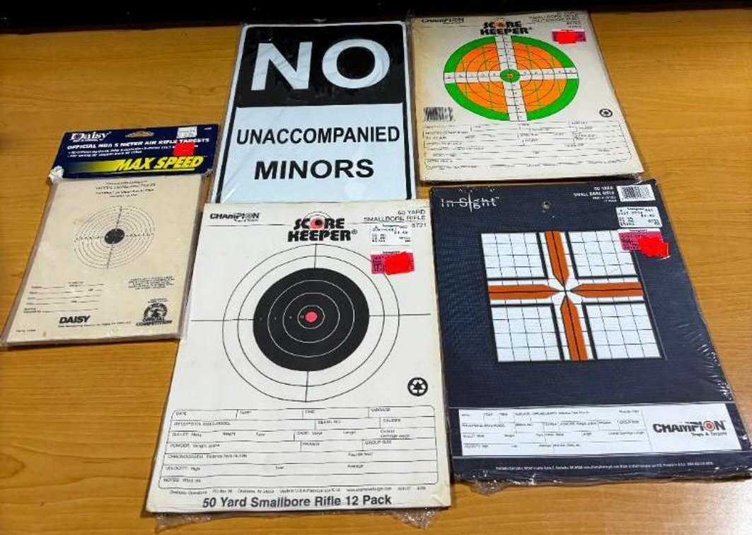 No Unaccompanied Minors Sign, Four Packages of Shooting Targets