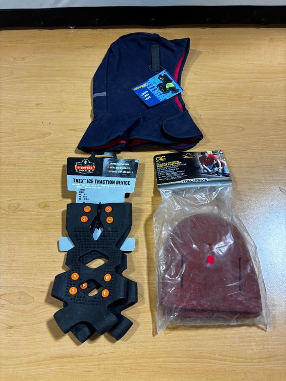 3 New Items, Trex Ice Traction Device, New, Rubber Knee Pads, New Winter Insulated Stocking Cap
