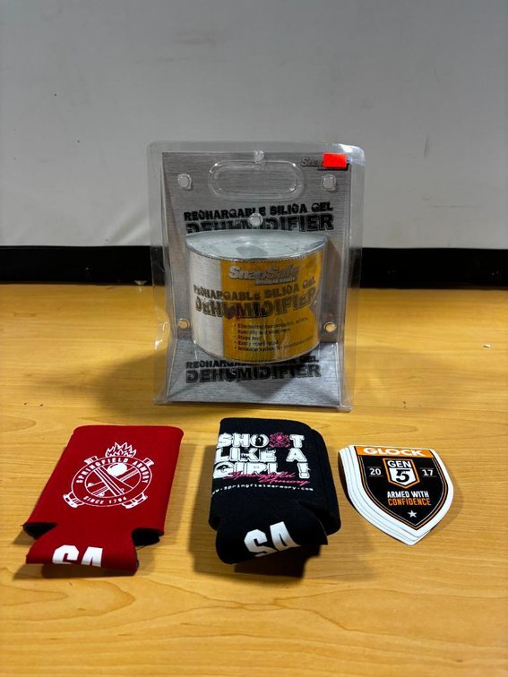 New Gun Safe Humidifier, 2 Tactical Koozies, Stack of Glock Stickers