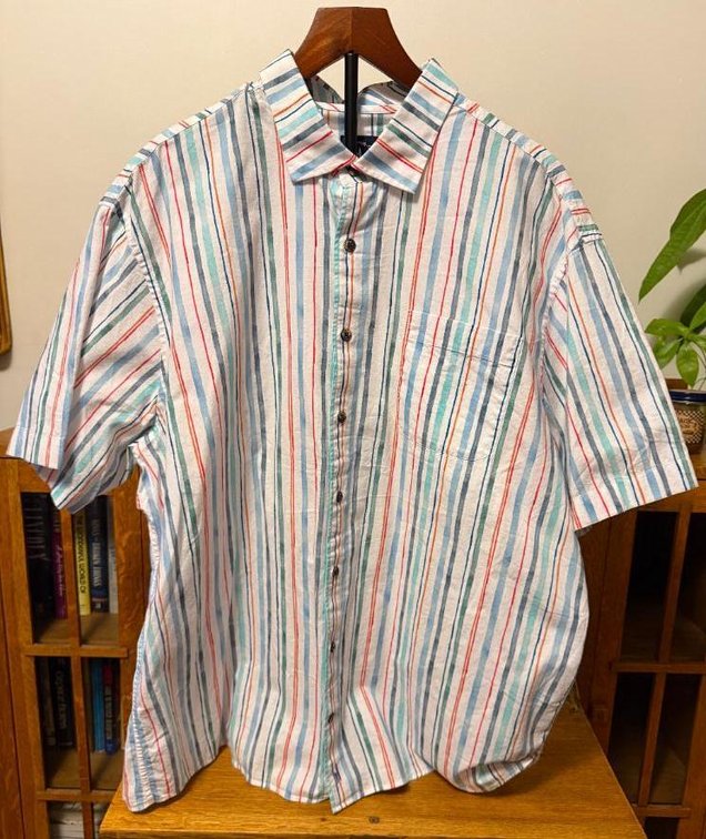 Johnnie-O Top Shelf XXL Button Down Short Sleeve Shirt, Style: Oswald, White w/ Stripes