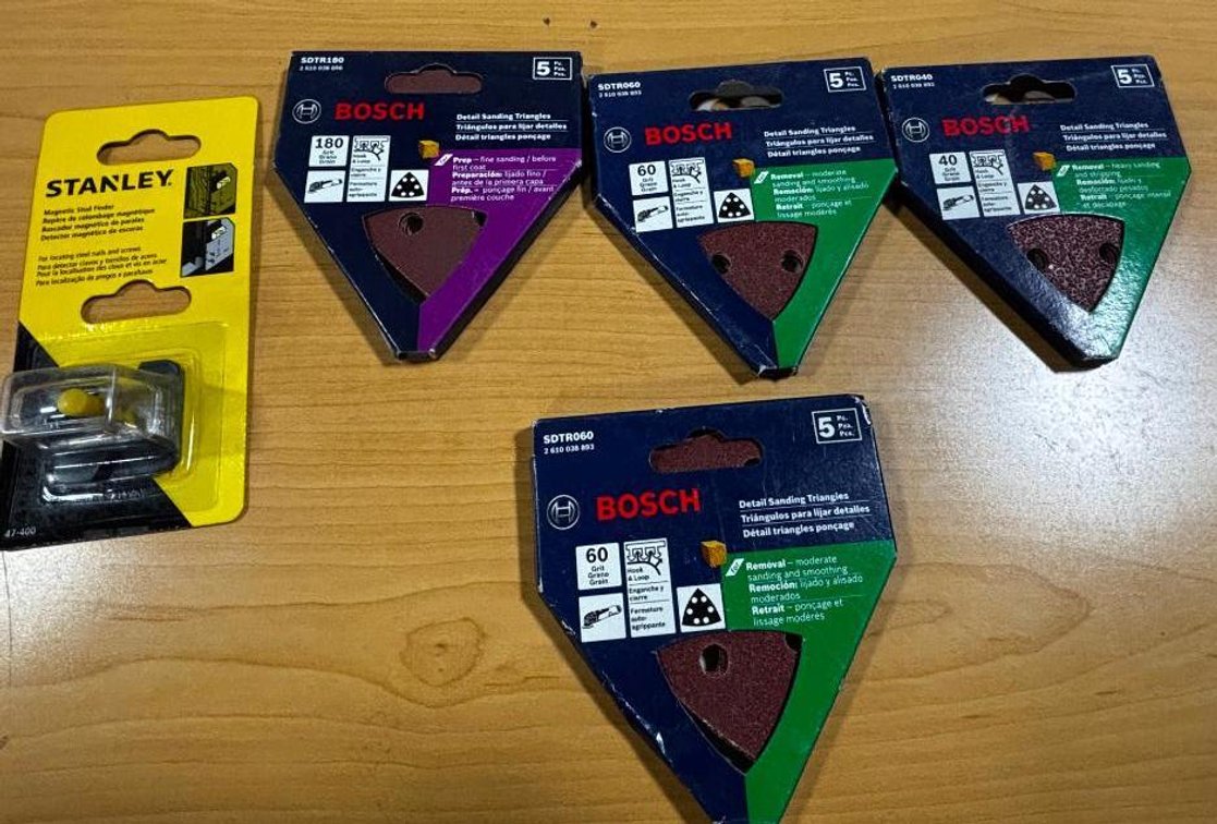 Lot of 5 New, Bosch Detail Sanding Triangles and Stanley Stud Finder