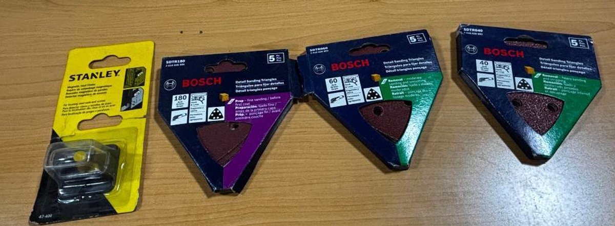 Lot of 4 New, Bosch Detail Sanding Triangles and Stanley Stud Finder