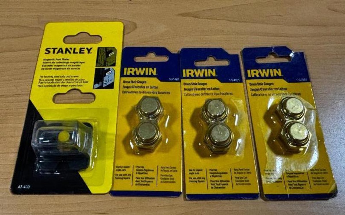 Lot of 4, New, Irwin Brass Stair Gauges & Stanley Stud Finder