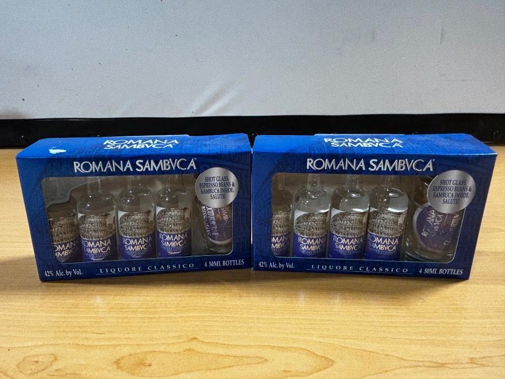 Two Cases of 4 Romana Sambvca, 50ml Bottles, 8 Total, 2 Shot Glasses, Gift Packs
