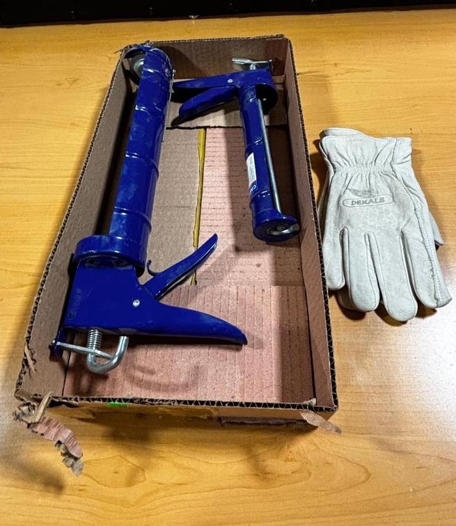 Two Caulk Guns, Pair of Large Work Gloves