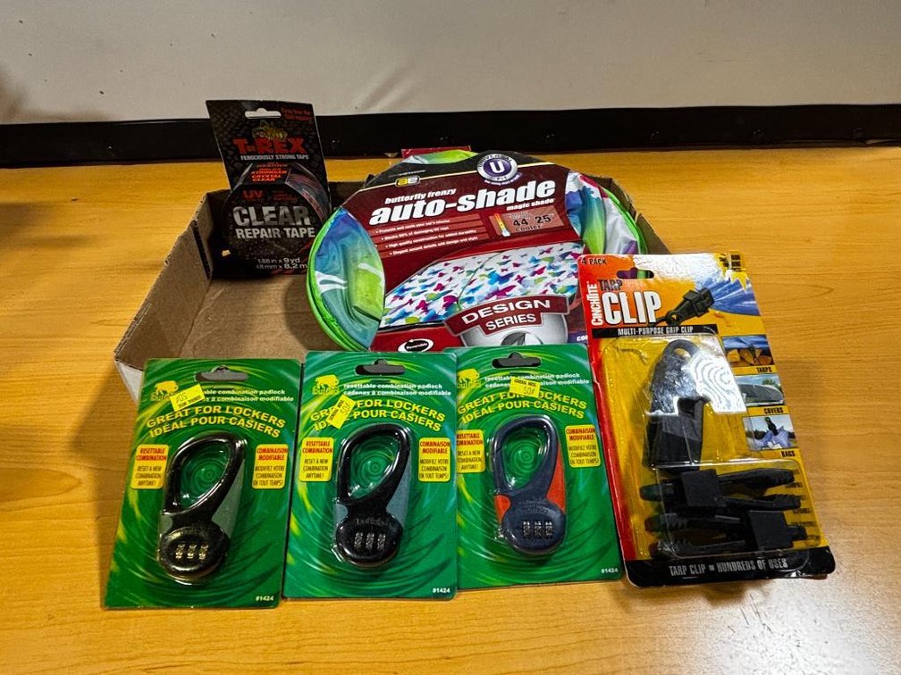 New Products, Combination Padlocks, Tarp Clips, Clear Repair Tape, Auto-Shade