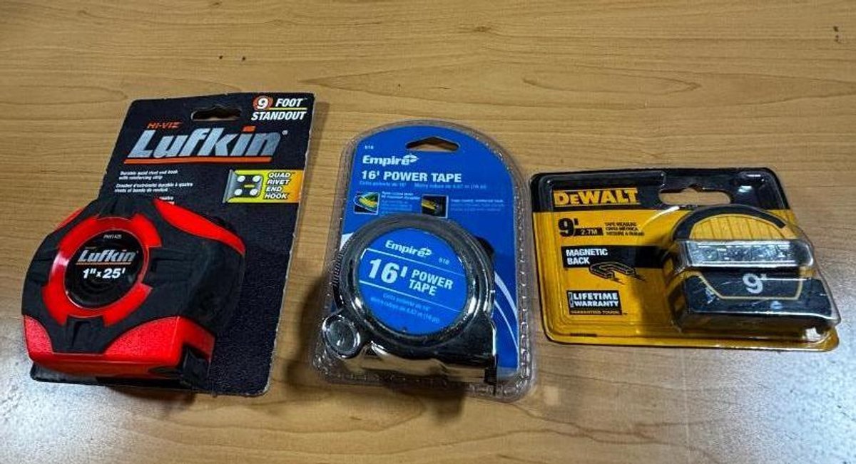 Lot of 3 New Tape Measures, Lufkin 33ft, Dewalt 9ft, Empire 16ft