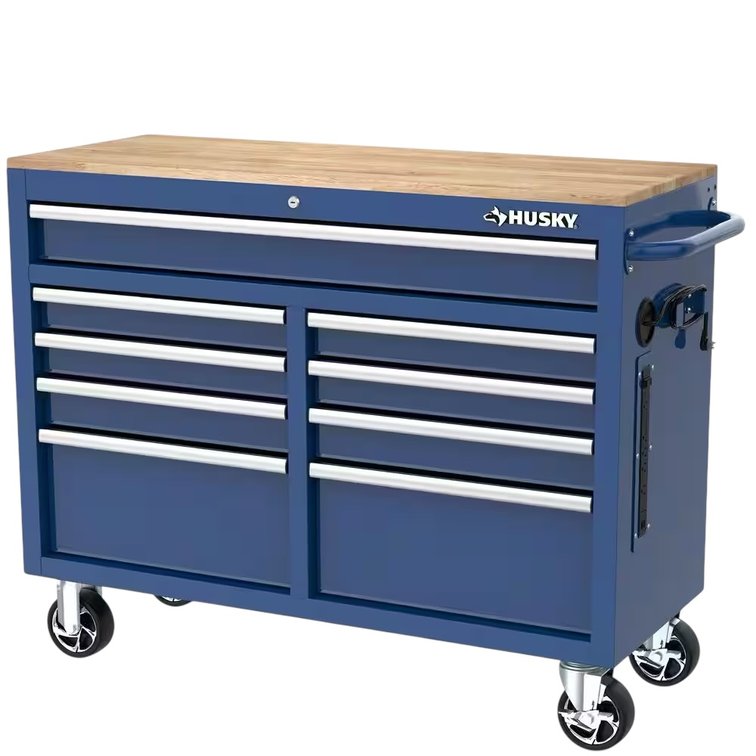 New in Crate, Husky Blue 56in Heavy-Duty Industrial Cabinet, Mobile, Base Cabinet Unit, Stock Image