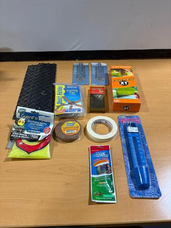 Group of New Products: Glare Blocker, Thermometer, Tape, Rain Gauges, Mailbox Address Frame, Bed-a-Beast