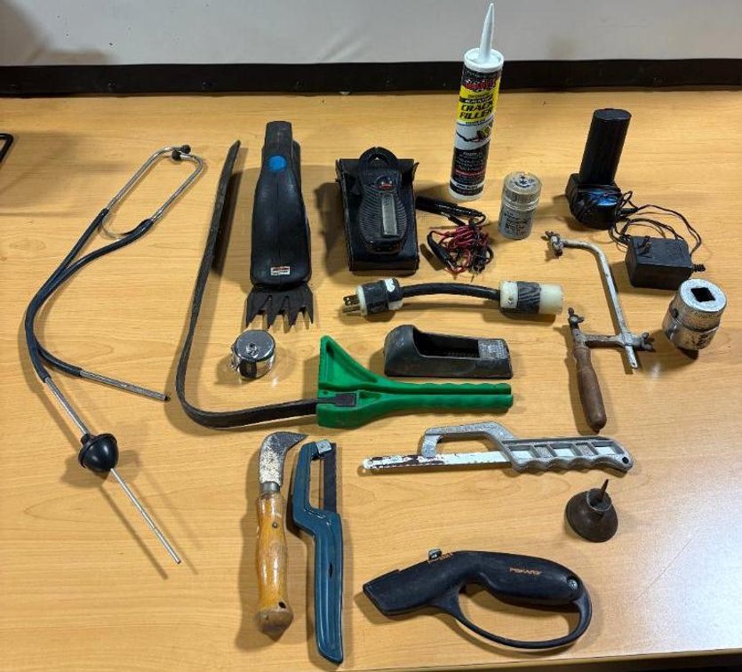 Group of Tools: Cutters, Testers, Counter, Rasp, Trimmer, Saw, Dual Elect. Pigtail, Socket, Crack Filler & More