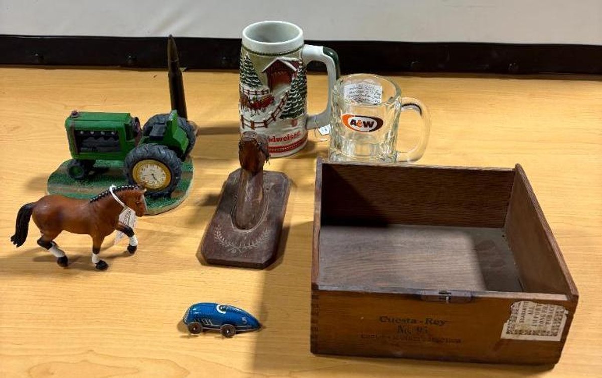 Wood Cigar Box, Tractor Clock, Bud & A&W Root Beer Mugs, Horse Plaque, Race Car