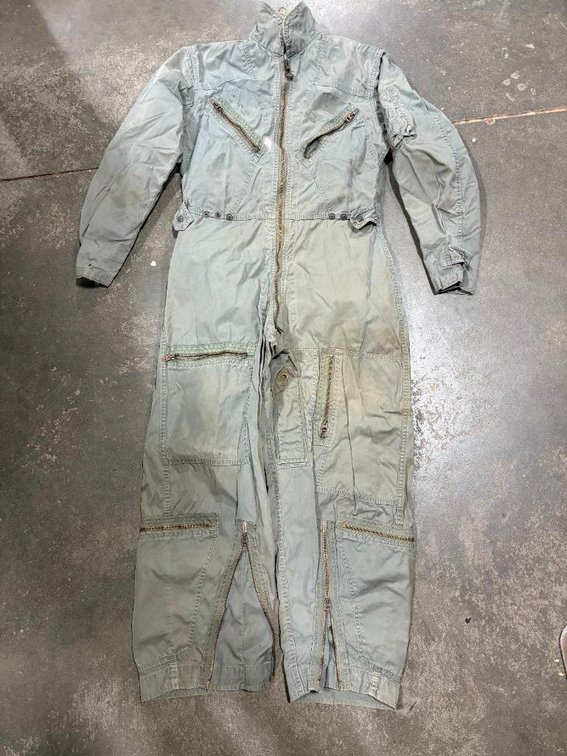 Vintage Military Clothing, Jumps Suit, Pants, Belts, Bag, New Camo Gloves, c. 1966 Flying Man's Coveralls, 34-32 Pants